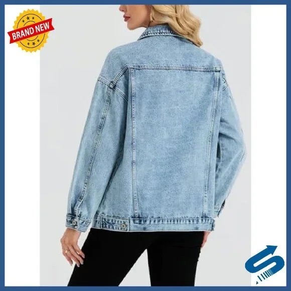 Oversized Denim Jacket Boyfriend Fit Long Sleeve Button Front